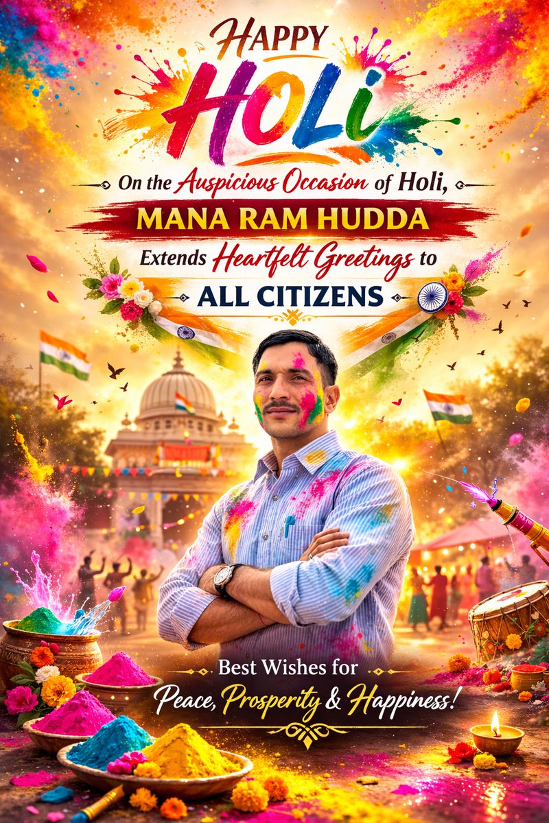 सभी देशवासियों को होली के पावन पर्व कि हार्दिक शुभकामनाएं।
 रंगों का यह पावन पर्व आपके जीवन में खुशियों के रंग, प्रेम की मिठास और सफलता की नई उमंग लेकर आए।
आपसी प्रेम, सौहार्द और भाईचारे के रंग सदा आपके जीवन को उज्ज्वल बनाए रखें। 
शुभ होली! <a href="/HuddaMana/">Mana ram hudda</a> 🙏🙏