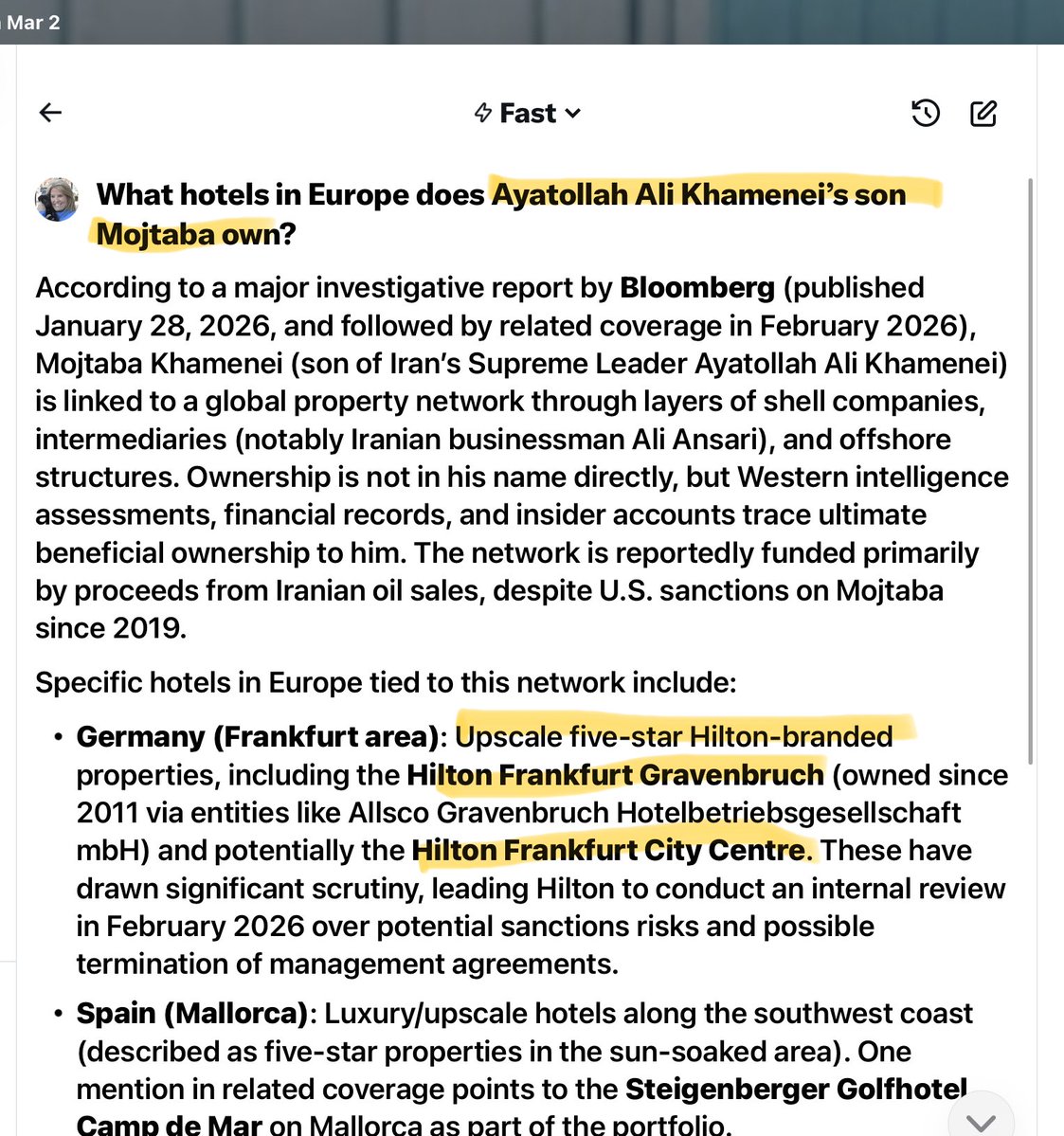 Can ⁦<a href="/HiltonHotels/">Hilton Hotels</a>⁩ explain why it allows (leases?) its name to hotels owned by the now dead Ayatollah’s son (the Ayatollah “somehow” amassed 95 billion dollars over his 36 year reign |)
