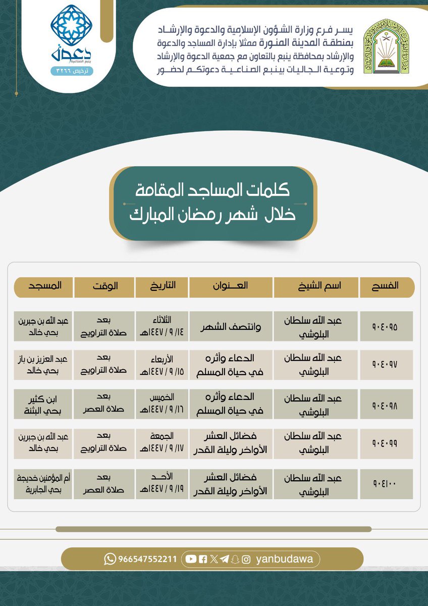 yanbudawa's tweet photo. يسرنا دعوتكم لحضور كلمات المساجد المقامة خلال شهر #رمضان المبارك في مساجد مدينة #ينبع_الصناعية للشيخ عبدالله سلطان البلوشي حسب التفاصيل المذكورة في الاعلان ..

#دعوة_ينبع_الصناعية
#المجموعة_الدعوية
#شهر_رمضان https://t.co/z7MoW4b7S2