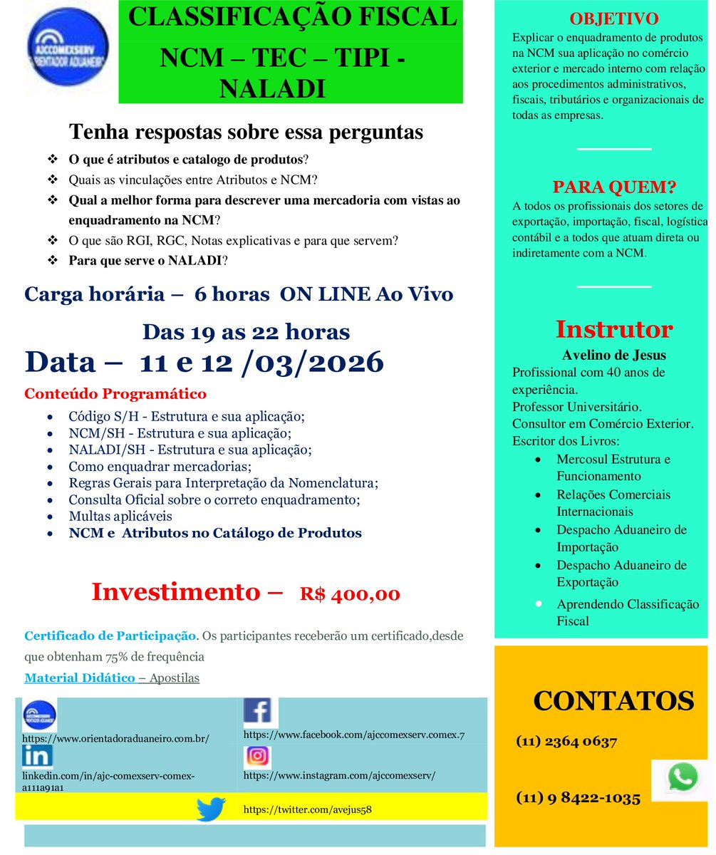 avejus58's tweet photo. Para saber mais sobre NCM assista nosso curso
CLASSIFICAÇÃO FISCAL - NCM – TEC – TIPI - NALADI
Data – 11 e 12 /03/2026
Carga horária – 6 horas ON LINE Ao Vivo
Das 19 as 22 horas

Acesse https://t.co/TiUsyITEUM https://t.co/k73EKojaGy
