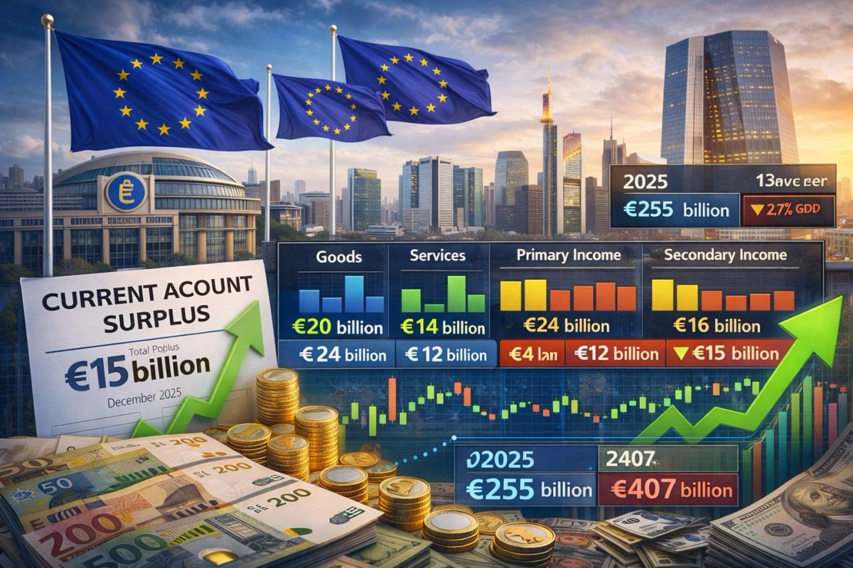 EdaKayatt's tweet photo. 💶 Eurozone Current Account Surplus Rises

📈 The eurozone's current account surplus increased in December 2025, primarily due to a significant reduction in the primary income deficit, according to the European Central Bank. https://t.co/lluxMzSbDS