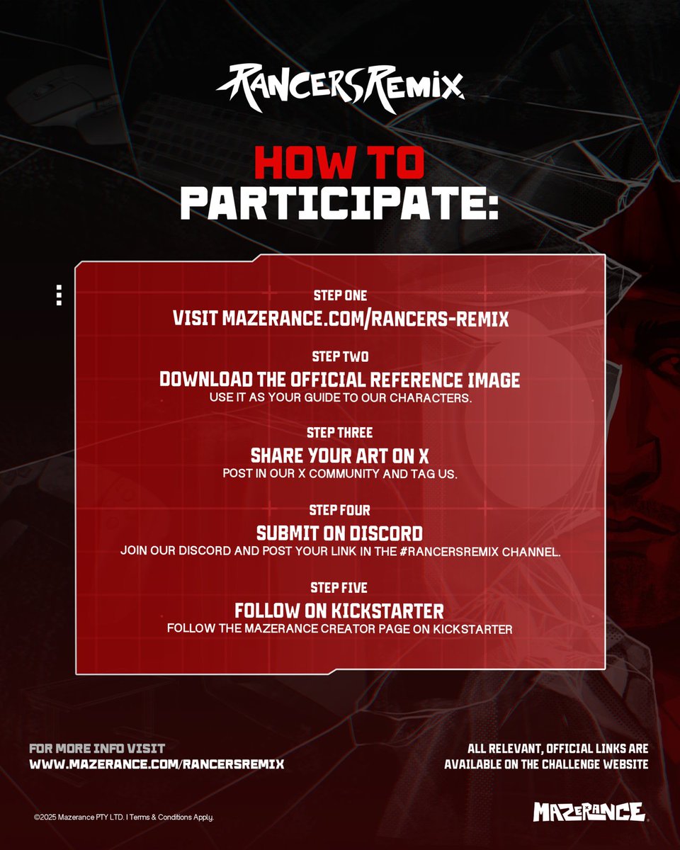 Red and black instructional graphic titled “RancersRemix – How to Participate.” The image lists five steps: visit mazerance.com/rancers-remix, download the official reference image as a guide to the characters, share your art on X in the community and tag the account, submit your post in the #RancersRemix channel on Discord, and follow the Mazerance creator page on Kickstarter. Additional text at the bottom directs viewers to the challenge website for full details. Mazerance branding appears in the corner.