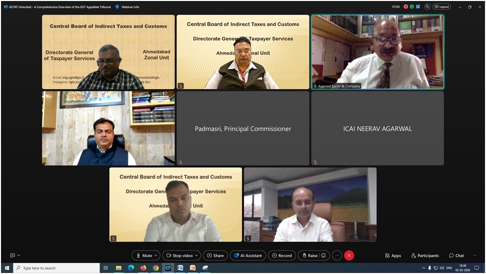 आज, डीजीटीएस अहमदाबाद ने आईसीएआई अहमदाबाद के सहयोग से जीएसटीएटी - एक व्यापक अवलोकन विषय पर एक वेबिनार का आयोजन किया। राजकोट स्थित जीएसटीएटी के सदस्य (न्यायिक) श्री प्रमोद कुमार राय ने जीएसटीएटी की उत्पत्ति, उद्देश्य और कार्यप्रणाली पर बहुमूल्य जानकारी प्रदान की। कुछ झलकियाँ: