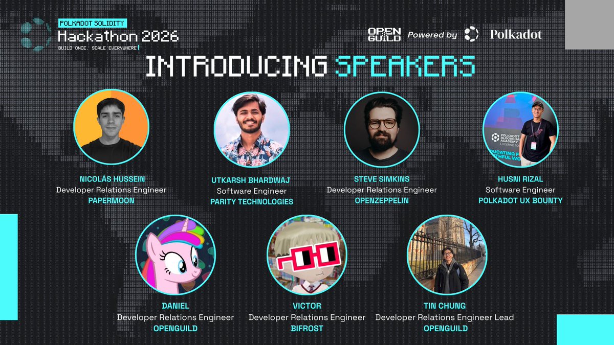 openguildwtf's tweet photo. Introducing the Speakers - @Polkadot Solidity Hackathon 2026

We’ve got a stacked lineup for this year’s hackathon 🔥
Ecosystem builders, DevRel legends, and core contributors ready to help you ship.

• @nico_hussein - Developer Relations Engineer, @PaperMoonIO
• @ub2262000 — Software Engineer, @paritytech
• Steve -  DevRel @OpenZeppelin
• @0x_pastaMan  — Software Engineer, Polkadot UX Bounty
• @Stpinkie — DevRel Engineer, OpenGuild
• @zxstim — DevRel Engineer, @Bifrost
• @chungquantin — DevRel Lead, OpenGuild

They’ll be running workshops, sharing alpha, and helping you level up throughout the hack 🚀

Workshop times in the thread below 👇
Let’s build.