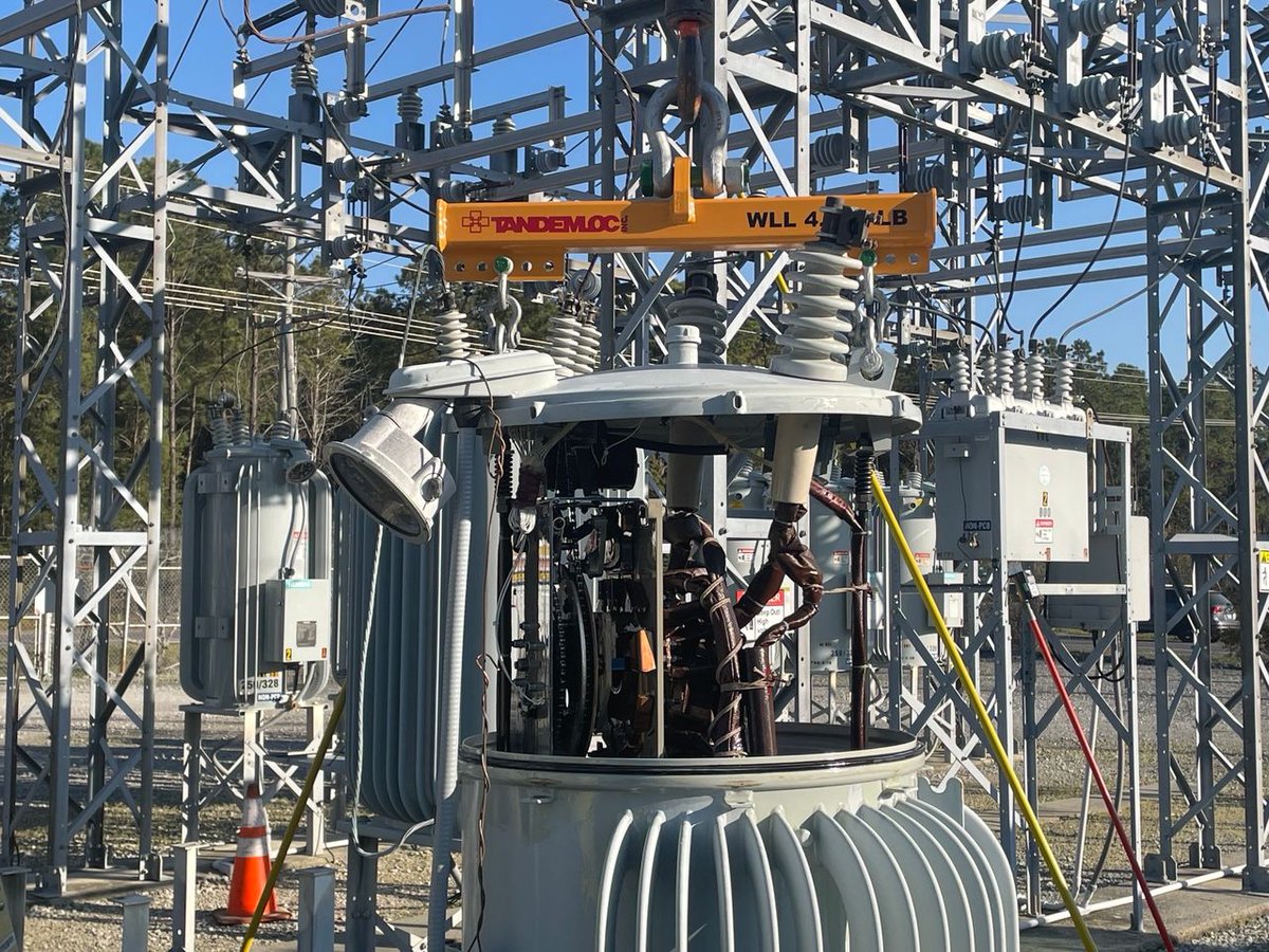 A local electric company in NC using a custom Tandemloc Lift Beam for lifting materials at their substation. Call Tandemloc at 1-800-258-7324.