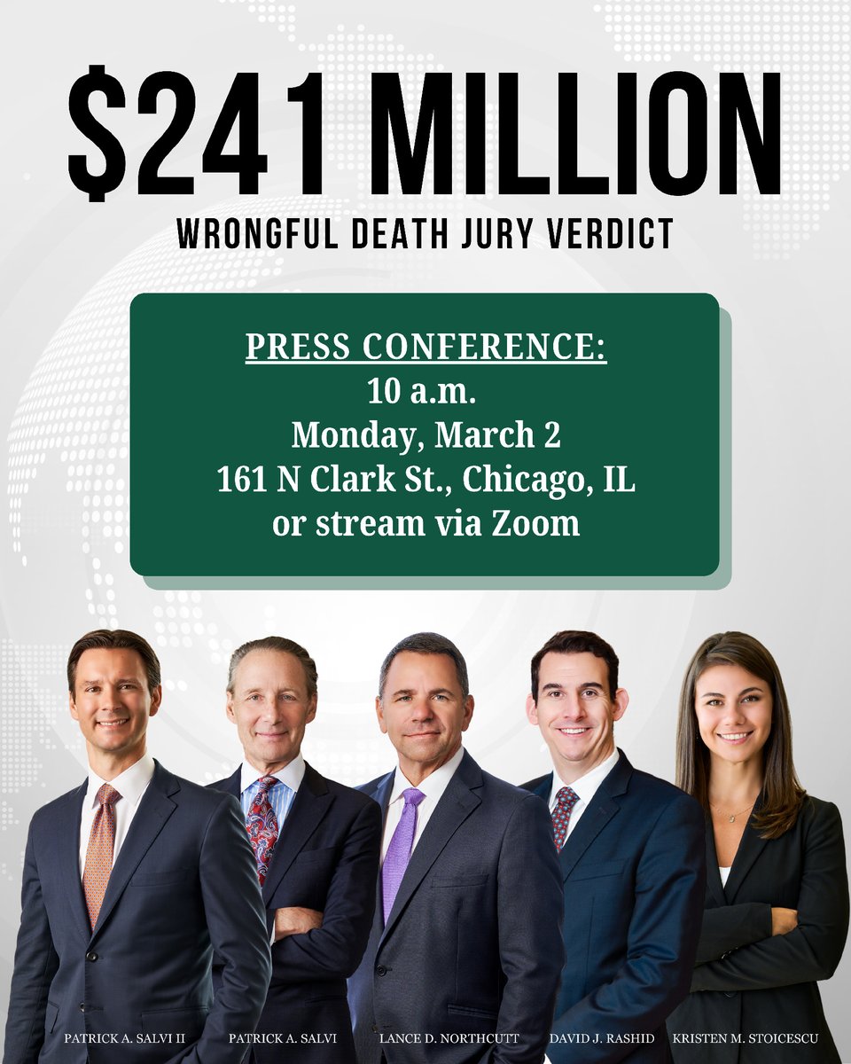 SalviLaw's tweet photo. PRESS CONFERENCE: A Madison County jury awarded $241M to the family of a man who died while transporting dry ice as part of his job as a courier. The legal team will discuss the verdict today at 10 a.m. at our Chicago office or stream via Zoom: https://t.co/nNZO1Wm32o https://t.co/WQrlDPzNRz
