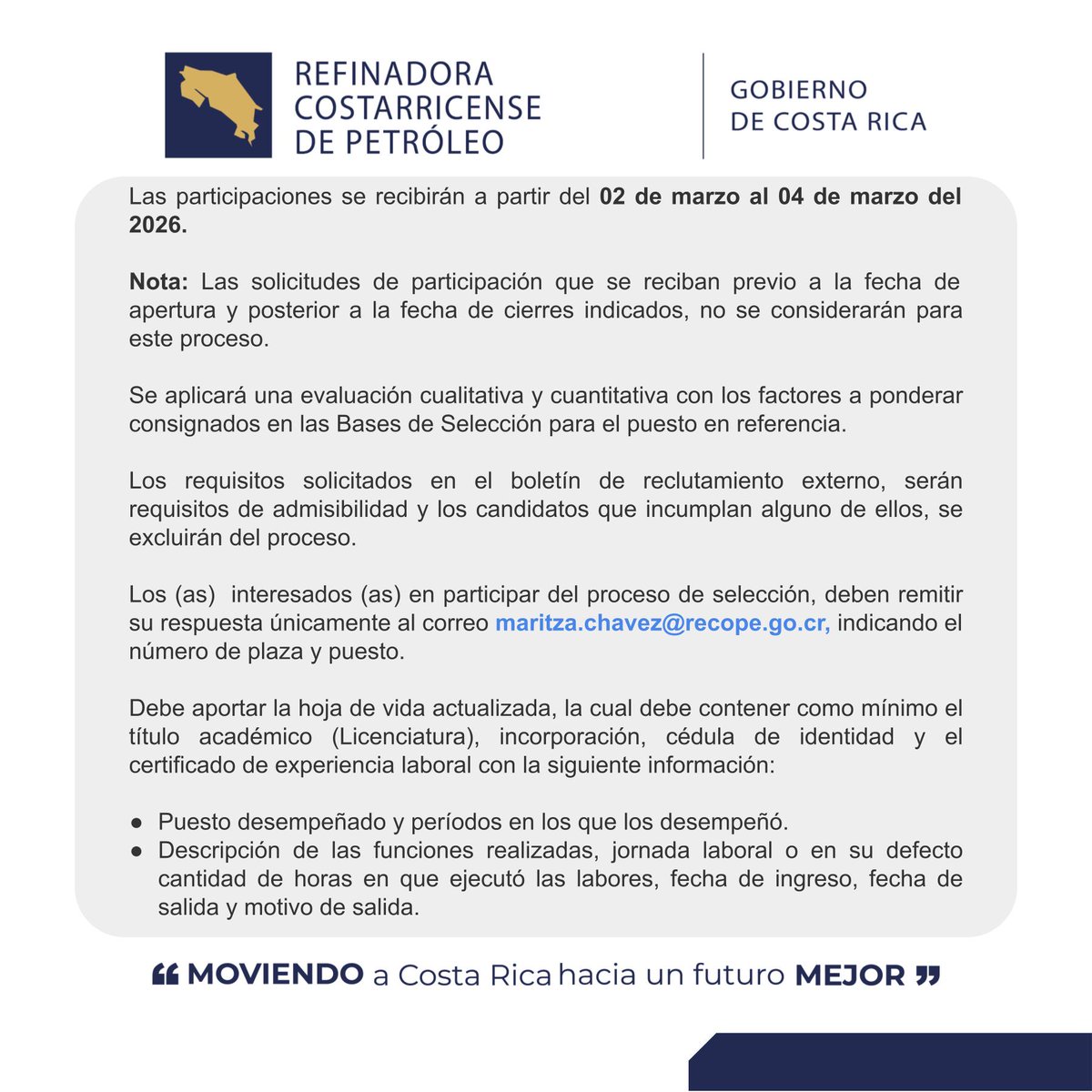 👷🏻‍♀️👷🏿👷🏾‍♂️👷🏾‍♀️ ¡Unite al equipo de Recope! Si tu área de especialidad es la Ingeniería Química o Mecánica, esta oferta laboral es para vos.
¿Cómo aplicar? Si cumplís con los requisitos y estás list@ para un nuevo reto, seguí los pasos descritos en las imágenes.
#Recope #MoviendoCR
