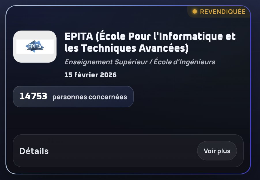 Ced_haurus's tweet photo. 🔴 Le groupe Lapsus$ annonce mettre en vente les données de l'@EPITA (École pour l'informatique et les techniques avancées) revendiquée le 15 février 2026.

➡️Données concernées :

- Identité civile (Noms et prénoms des étudiants et staffs)

- Coordonnées de contact (Adresses emails institutionnelles @epita. fr)

- Informations de scolarité (Identifiants internes, années de promotion)

- Contenus multimédias (Photos d'identité mentionnées comme disponibles dans le dump)

Plus d'infos : https://t.co/xbihVKf0hA