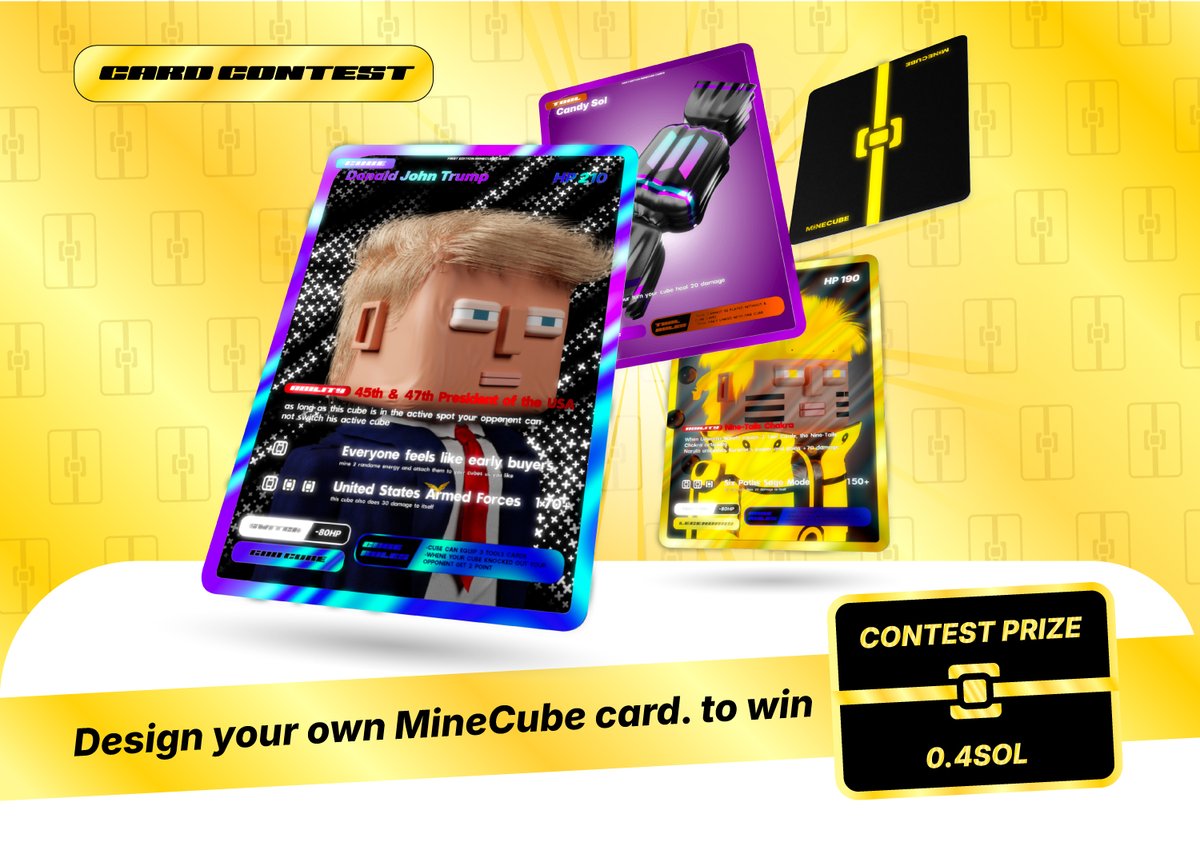 The MineCube Card Contest is officially LIVE.

This is your chance to turn your creativity into a real MineCube card and win SOL.

Your design could become part of the MineCube universe forever.

Total Prize Pool: 0.4 SOL

Winner Rewards:
🥇 1st Place — 0.25 SOL
🥈 2nd Place —