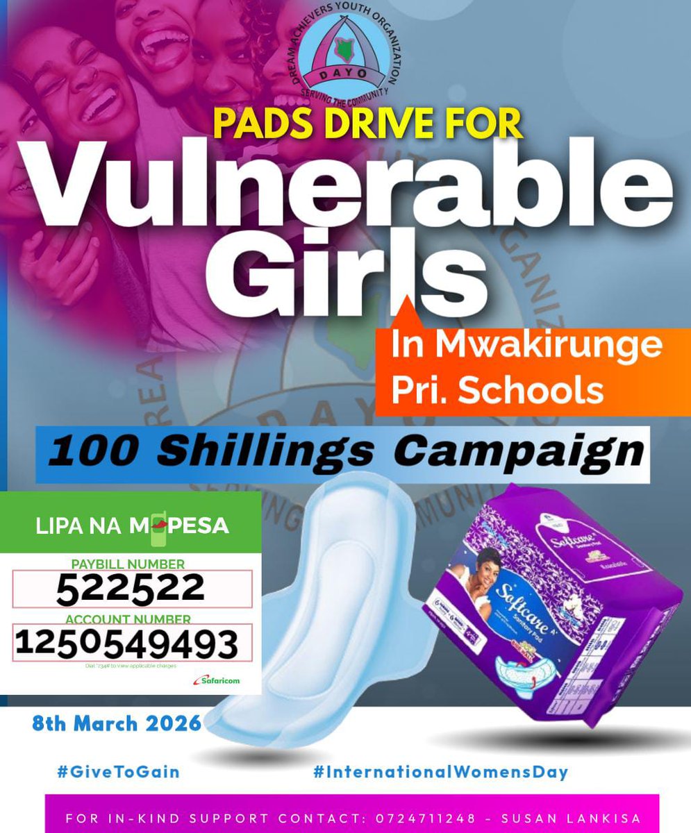 PresenterElijah's tweet photo. Changia tabasamu na linda kesho ya mtoto wa kike 💜
Jiunge nasi katika hii PADS DRIVE katika shule ya Mwakirunge kwa kampeni ya Shilingi 100 
📅 8th March 2026 – International Women’s Day
📲 Lipa na M-PESA Paybill: 522522
Account: 1250549493
#GiveToGain #InternationalWomensDay https://t.co/iwSk1HZ0oV