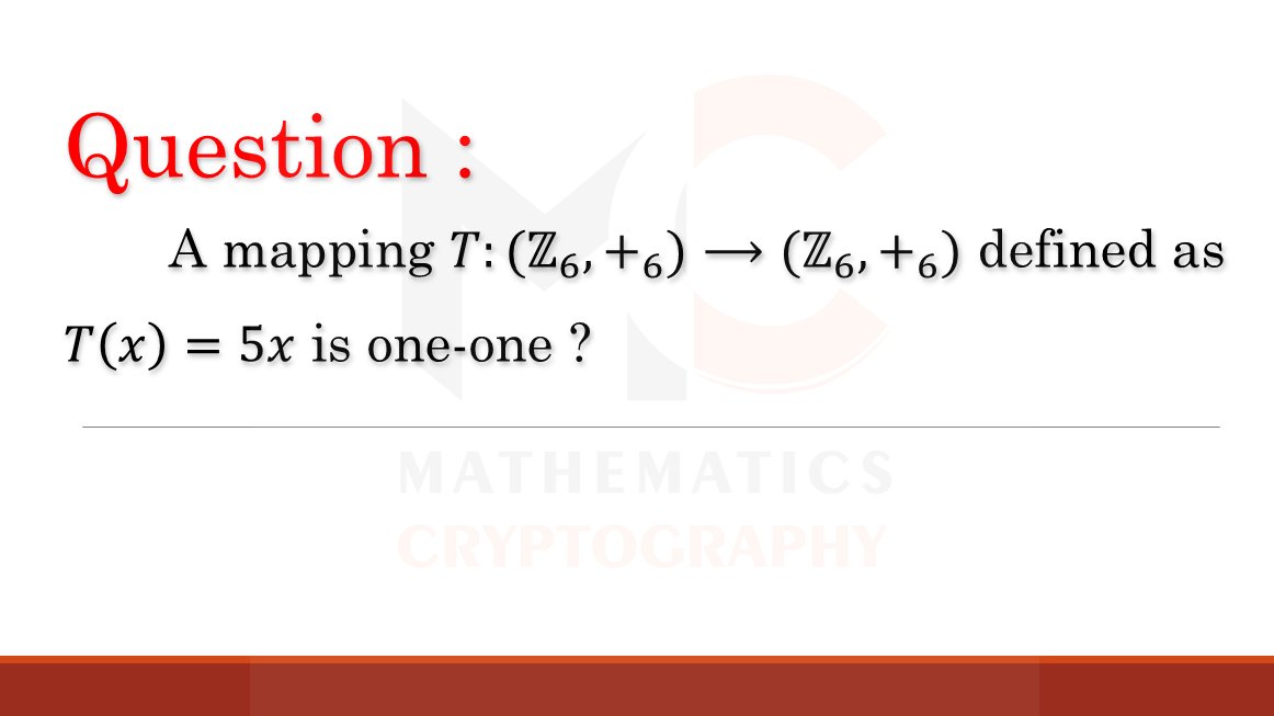 MathCrypt21's tweet photo. Modular Maps : 

We know injectivity of
T(x)=ax over Zn​ depends on one arithmetic condition.

Now test it:
Is
T(x)=5x over Z6 one-one?

#Mathematics #AbstractAlgebra #NumberTheory #Algebra #MathEducation #Cryptography #Cryptology #MathLearn #STEM #STEMeducation https://t.co/Zq3e6BszqY