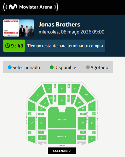 🏟️ JONAS BROTHERS 🏟️

📅 6 de Mayo en Movistar Arena
💵 Precios finales oficiales (service incluido)

🎟️ Campo Parado: desde $97.750 ARS hasta $212.750 ARS
🎟️ Plateas Bajas: desde $184.000 ARS hasta $230.000 ARS
🎟️ Plateas Altas: desde $80.500 ARS hasta $115.000 ARS