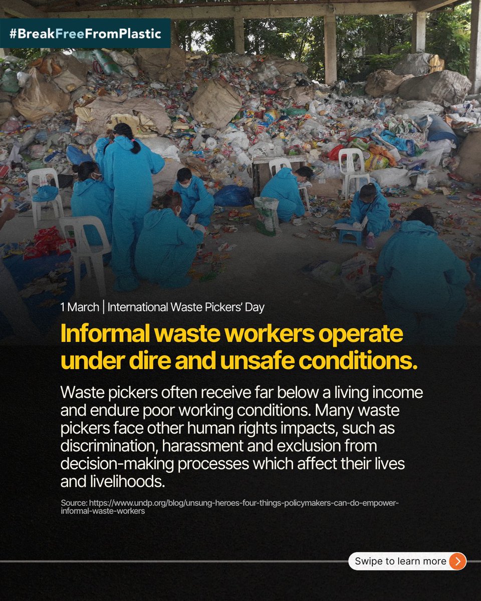 brkfreeplastic's tweet image. Waste workers play a vital yet underrecognized role in managing waste and recycling. ♻️👤 A strong #PlasticsTreaty is an opportunity to facilitate a mandatory just transition for workers along the plastics lifecycle. ✊

Learn more: breakfreefromplastic.org/plastics-treaty 

#BreakFreeFromPlastic