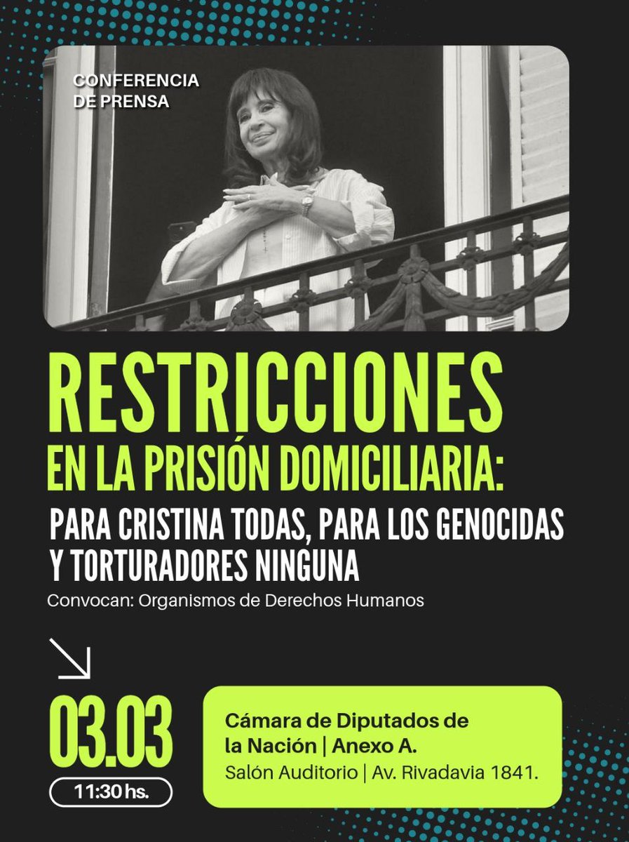 hijos_capital's tweet photo. Conferencia de prensa

Restricciones en la prisión domiciliaria: para @CFKArgentina todas, para los genocidas y torturadores ninguna

Participan Estela De Carlotto, Taty Almeida, Adolfo Pérez Esquivel, Charly Pisoni, Pablo Llonto y Eduardo Tavani, entre otros
#CristinaLibre https://t.co/IgG21idp5f