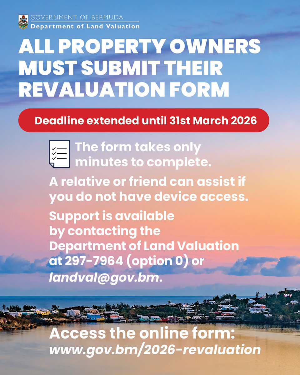 Deadline Extended: Property owners now have until 31 March 2026 to submit their 2026 Revaluation online return forms.
 
The Department of Land Valuation encourages remaining owners to complete their submission as soon as possible to support an accurate valuation list.
 
Visit