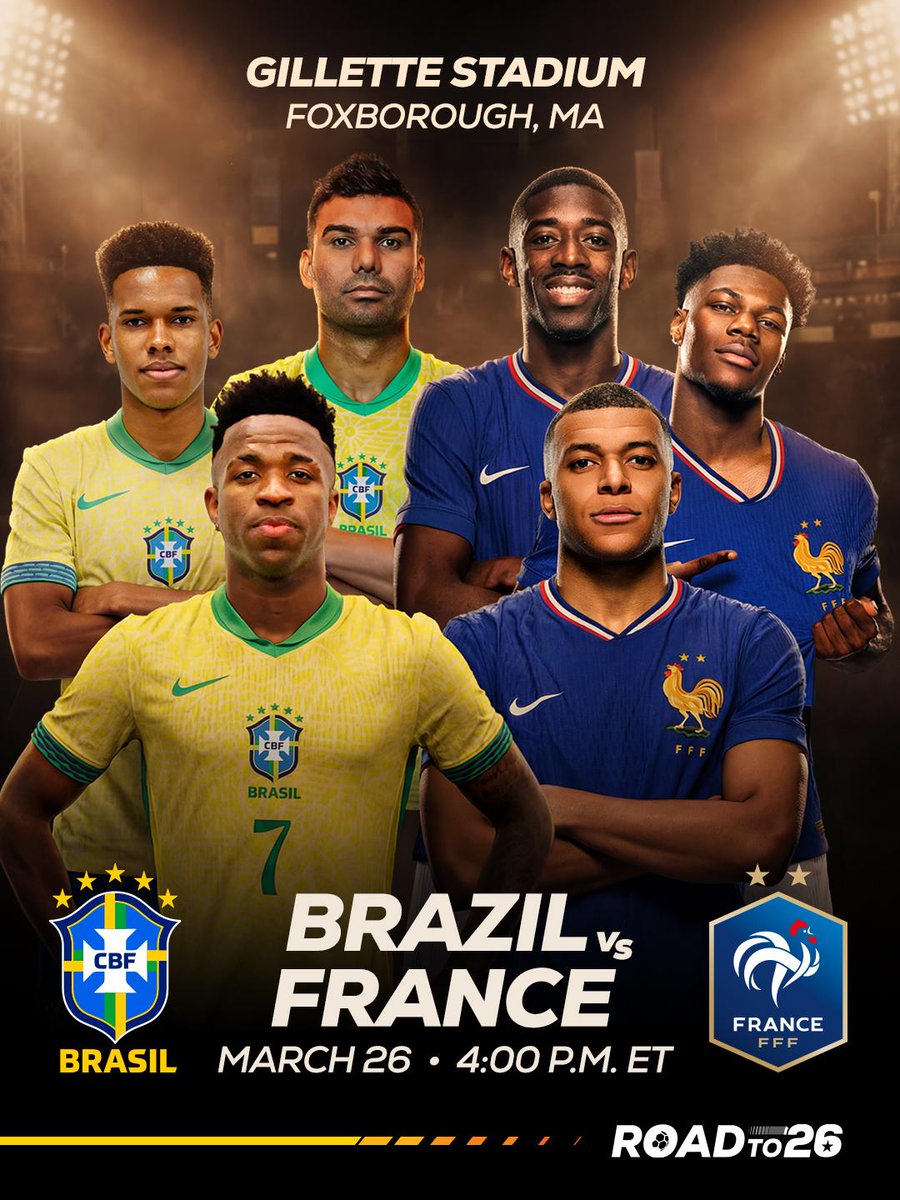 World-class talent. Limited tickets. 🇧🇷🇫🇷
Don’t just watch the highlights later. Be there!

Brazil vs France at Gillette Stadium
March 26 • 4 PM ET

🎟️ Get your tickets now. Link at Roadto26.com

#equipedefrance #selecaobrasileira #RoadTo26