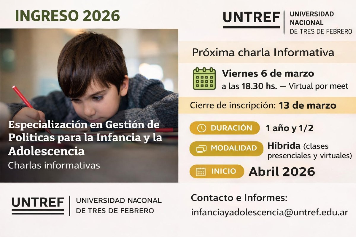 🎓👶[FORMACIÓN] La <a href="/UNTREF/">UNTREF</a> abre inscripciones 2026 para la "Especialización en Gestión de Políticas para la Infancia." 
Charla informativa: 6/3. 
Inscripción hasta el 13/3.

🔗 Link: anpilac.com/contenido/593/…

<a href="/UNTREF/">UNTREF</a> #PrimeraInfancia #ANPILAC