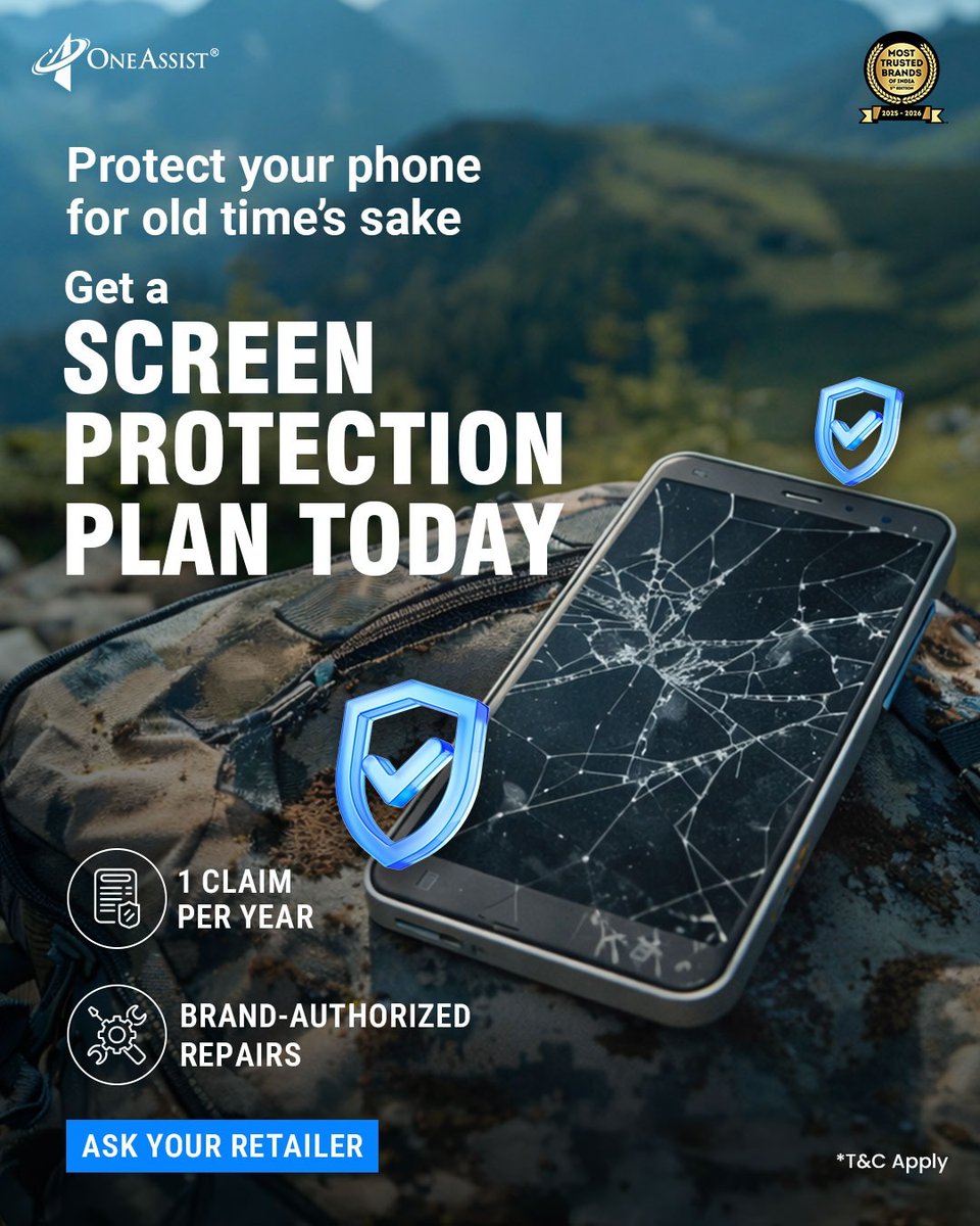 oneassist_in's tweet image. A small crack can cost you big.
Stay worry-free with 1 claim per year &amp;amp; brand-authorized repairs.
Ask your retailer today.

#OneAssistIndia #ScreenProtectionPlan #SmartProtection #TechCare #AccidentalDamage