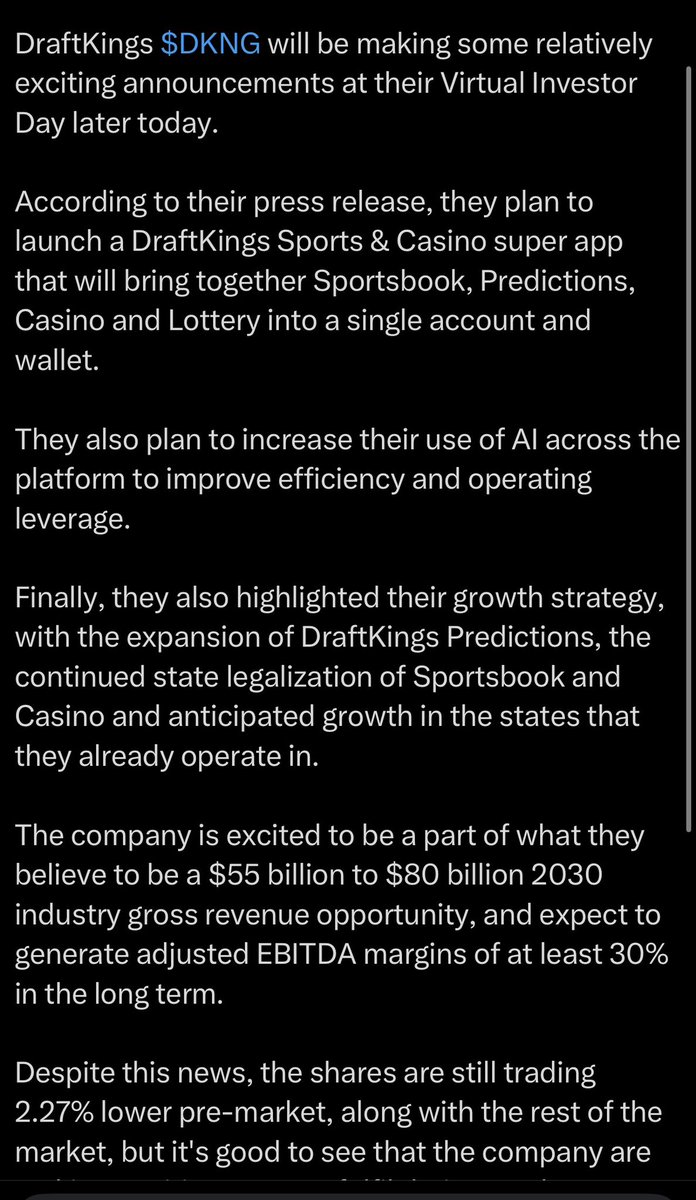 A nothing burger of a <a href="/DraftKings/">DraftKings</a> investor day is here. Sure this is a foundational move here to bring apps under one single point of interaction and one download. Great, awesome. But again, it’s more of the same bullshit story. Kick the can down the road…

Nothing new, nothing