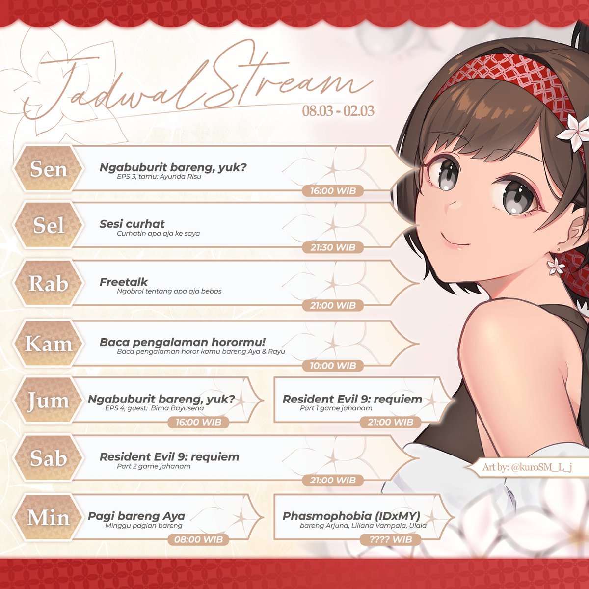 🐔 Jadwal Stream 🤍
Berikut jadwal stream saya periode 2 s.d. 8 Maret  2026 yaa!
Ada koreksi sedikit dari post sebelumnya, maaf!!
Jadwal bisa berubah!! Kalau ada perubahan, akan saya umumkan.
Ditunggu kehadirannya 🥰✨
(link channel di bio!)