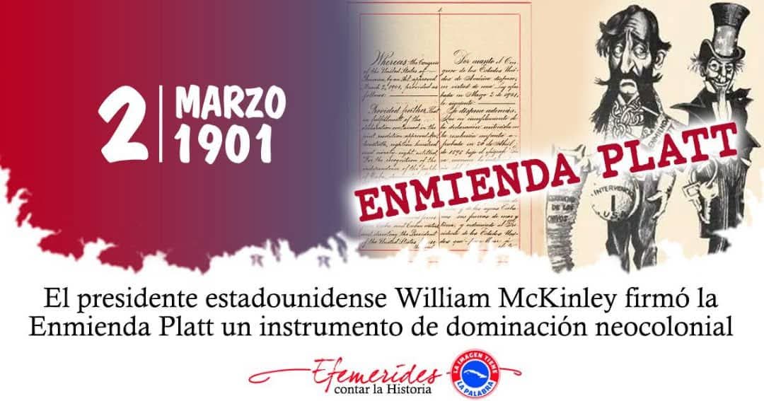 La Enmienda Platt fue una enmienda añadida a la Constitución de Cuba en 1901. Esta enmienda permitía a EE.UU. intervenir en los asuntos cubanos y establecía la base naval en Guantánamo. Fue firmada el 2 de marzo de 1901.
#CubaViveEnSuHistoria #CubaMined #PorCamagüeyTodo