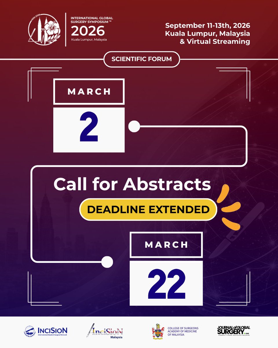 IGSS_InciSioN's tweet photo. 📢 Good news! You asked, we listened!

This is your chance to showcase your work on a global stage and help shape the future of surgery.

Submit now and join the conversation at IGSS 2026!

#igss2026 #incisionmalaysia #incisionglobal #globalsurgery #callforabstracts https://t.co/cY9WRZpFsL