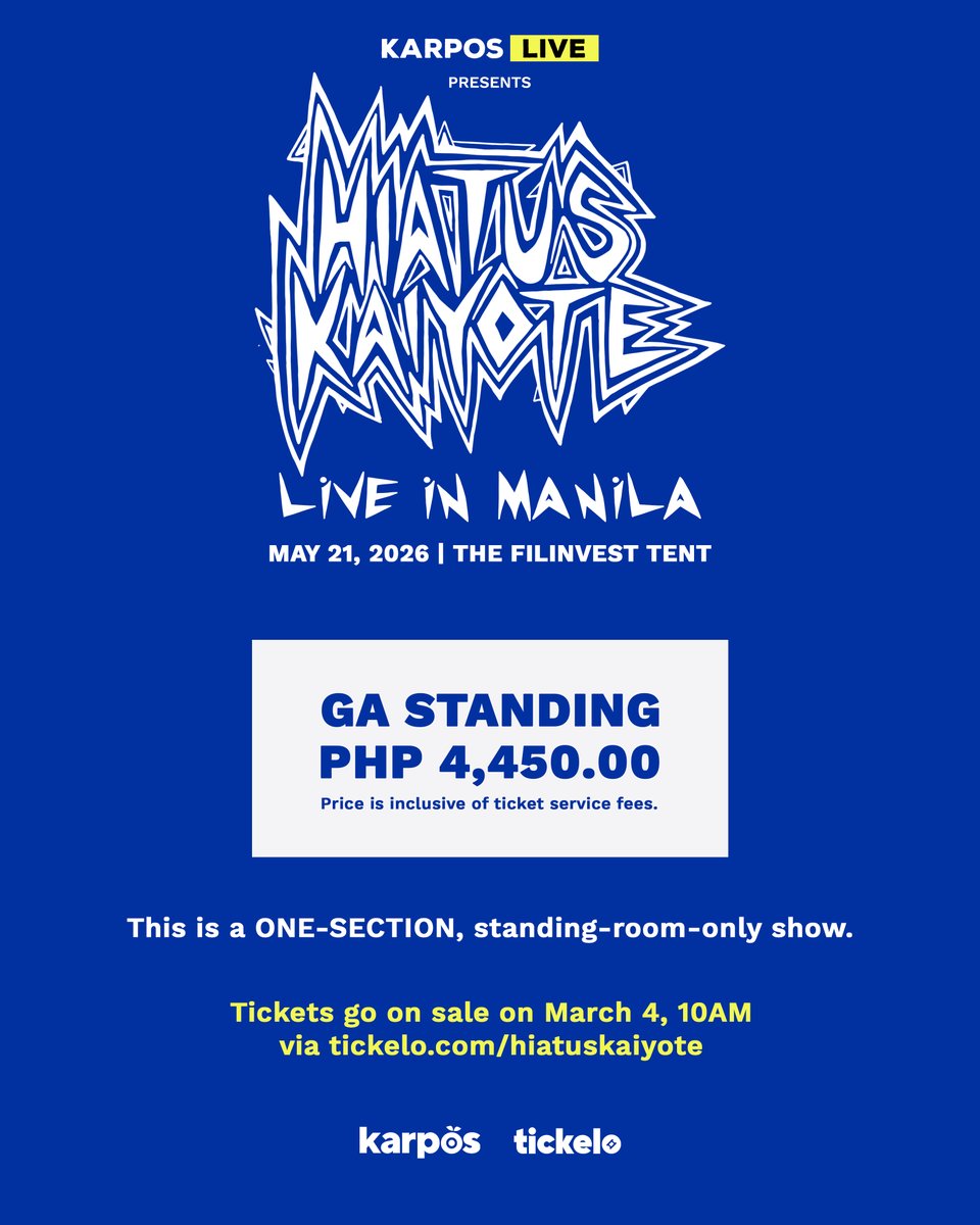 KarposLive's tweet photo. Hiatus Kaiyote takes over the #karposlive stage for a full headline show! 🎶

⚡️ Karpos Live: Hiatus Kaiyote
🗓 May 21, 2026
📍 The Filinvest Tent, Alabang
🎫 GA Standing - PHP 4,450.00

Tickets go on sale TOMORROW, March 4 at 10AM.
https://t.co/nShm8LemA5 https://t.co/wxBxOvYNhS