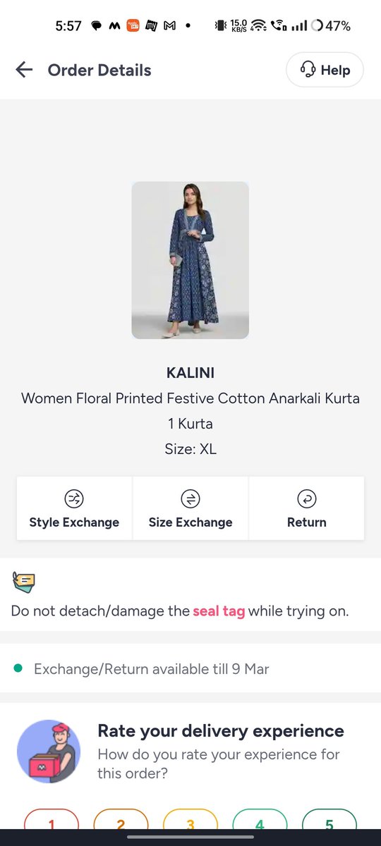 Hinagoyal's tweet photo. Hi @MyntraSupport, I ordered a Kalini kurta but received one from another brand. This was a size exchange, earlier I got Kalini wd great quality. The exchanged piece is Vbuz &amp; quality is bad. Want an exchange, but yellow seal missing. Exchange this one with original product. https://t.co/Y32QyuTLDm