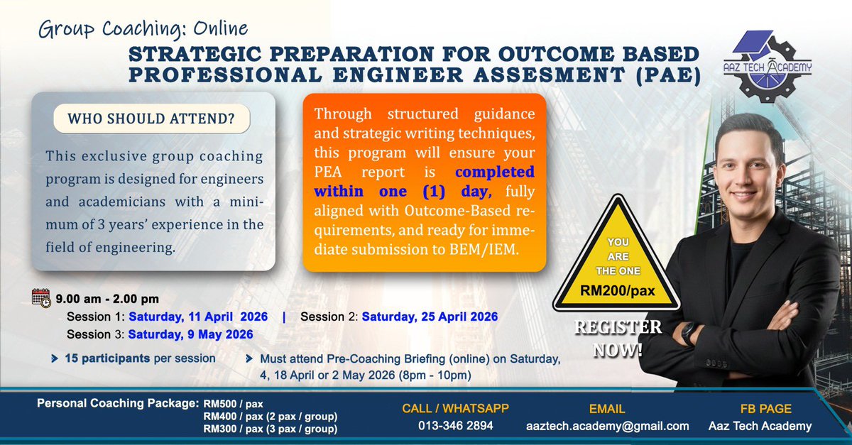 Al_Azharino's tweet photo. Nak siapkan report PEA dalam masa 1 HARI? 🚀

Jom sertai Group Coaching: Strategic Preparation for Outcome-Based PEA

✅ Min 3 thn pengalaman dalam bidang kejuruteraan/teknikal
✅ RM200/pax
✅ 15 pax/sesi
📅 Sesi: 11 Apr, 25 Apr, 9 Mei 2026

Daftar: 013-346 2894
#PEA #BEM #IEM https://t.co/gk4A2WXxX7