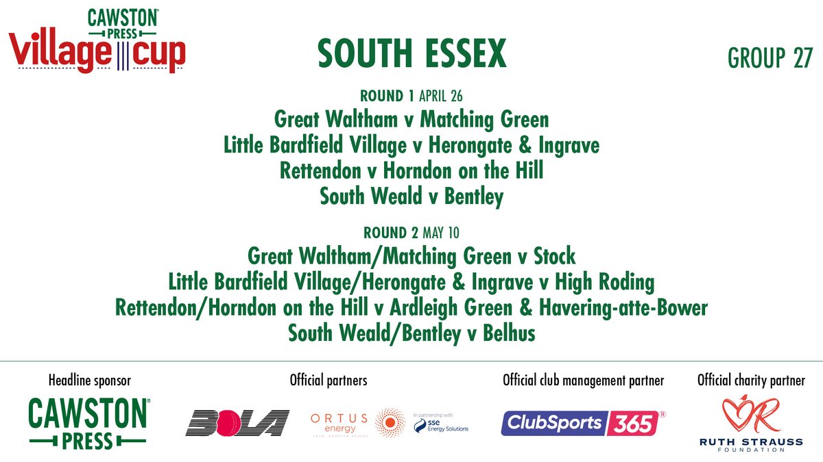 TheCricketerNVC's tweet photo. South Essex:

@GtWalthamCC/@MatchingGreenCC v @stockcc
@LBVCricketClub/@HerongateCC1850 v @hrcctweets
@Rettendon_CC/@horndoncricket v @AGHABCC
@SouthWealdCC/@BentleyCC_ v @BelhusCC https://t.co/5quCGSyLmu