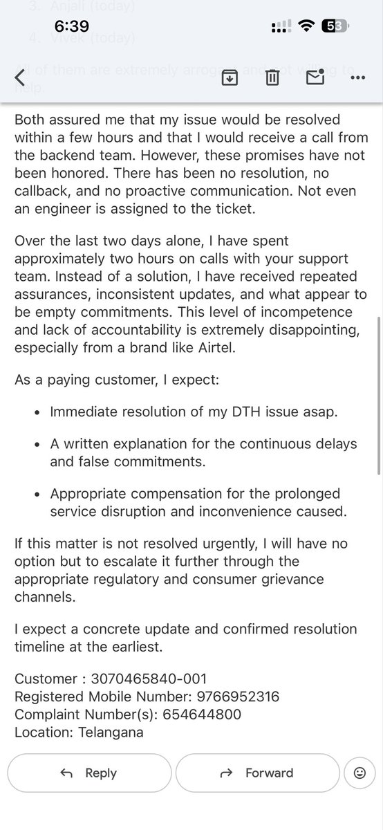 KaptionCryption's tweet photo. @airtelindia @Airtel_Presence @airtelnews 
Customer service Is nothing but a joke, highly incompetent professionals. Just reading a fixed script. Sent an email let’s see if management is competent or just sitting and enjoying perks.
Complaint id : 454644800
#Airtel #airteldown https://t.co/GEpP9W0PD3