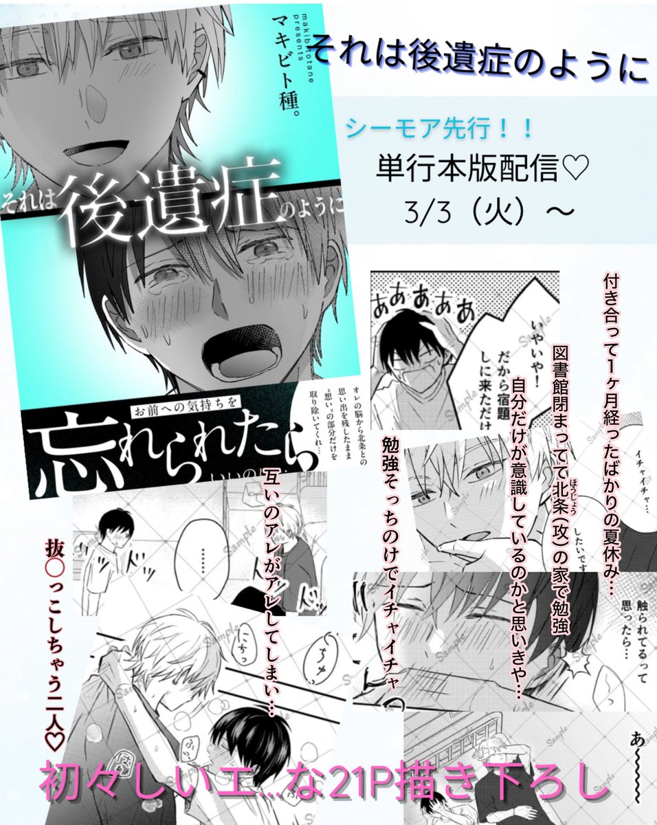 【❤️単行本版描き下ろし詳細❤️】
図書館閉まってて…攻めの家で勉強
ドキドキしてるのは俺だけじゃなかった…？
勉強そっちのけでイチャイチャ→
抜◯っこ♡
最後はあれ食べてほのぼの…💓
単行本描き下ろし21P！
3/3〜シーモア先行💛
あと2時間😍
#商業BL 
#それは後遺症のように