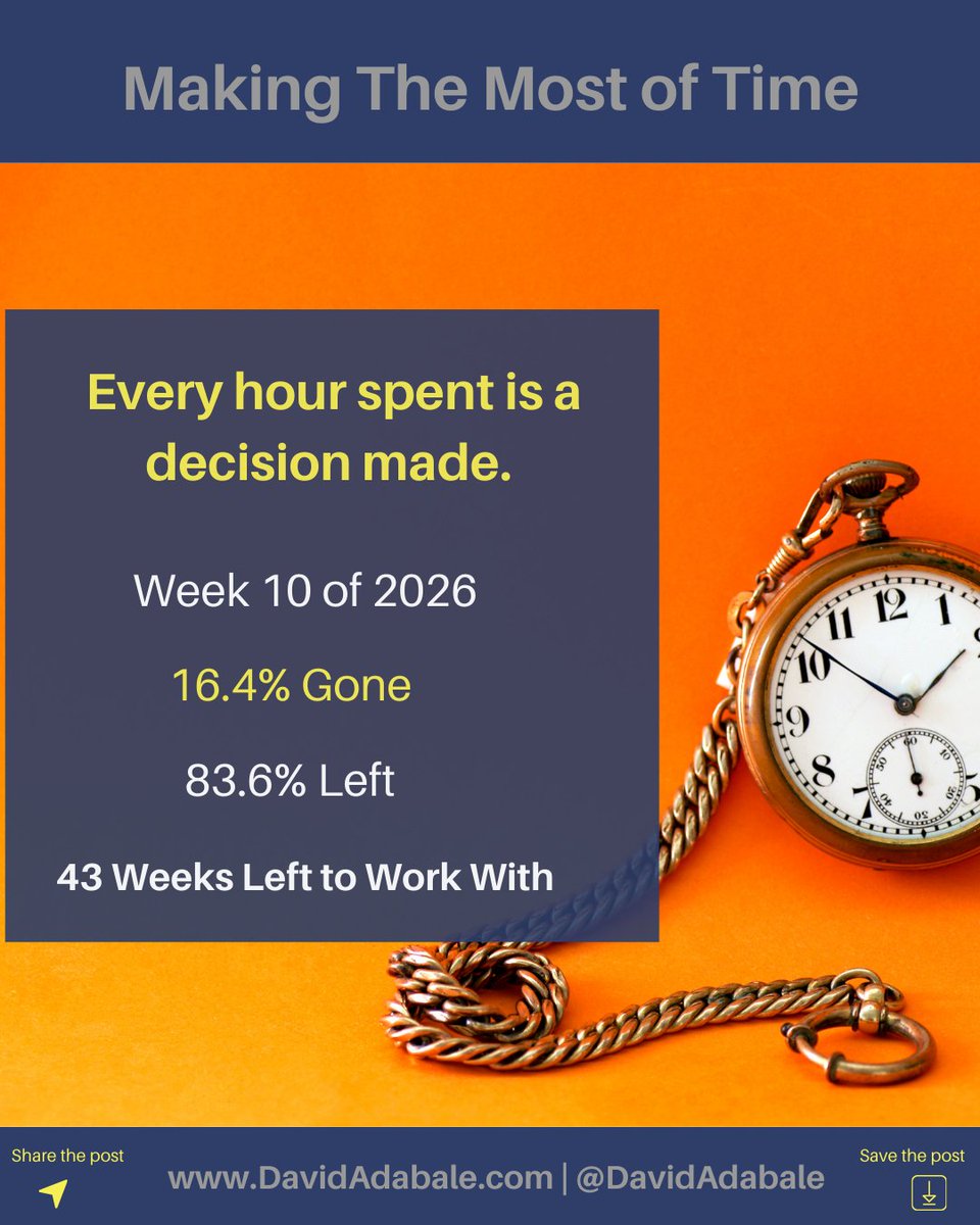DavidAdabale's tweet photo. Can you believe it's Week 10 already? 🤯

Q1 is 77% over! Are you building or just dreaming? The perfect time was 10 weeks ago; the second best is now.

Stop waiting. Start doing. 🚀

What’s one thing you’ve kicked off this month? Share below! 👇

Follow us for more inspiration! https://t.co/tgFXI11bbq