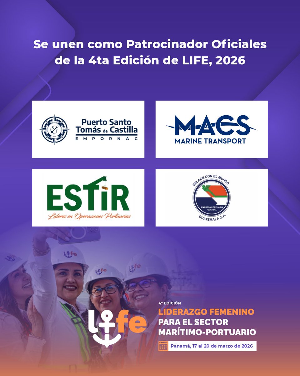 prports1's tweet photo. #LIFE continúa sumando aliados estratégicos ⚓️👷♀️
Celebramos la incorporación de @santotomasport, MACS MARINE TRANSPORT, ESTIR y @PortuariaEPQ como patrocinadores de la 4ª edición del #ProgramaLIFE.
📍17-20 mar 2026 | Panamá
👉https://t.co/LN0l4HKDaP | life@prports.com https://t.co/vO1sfNKz7p