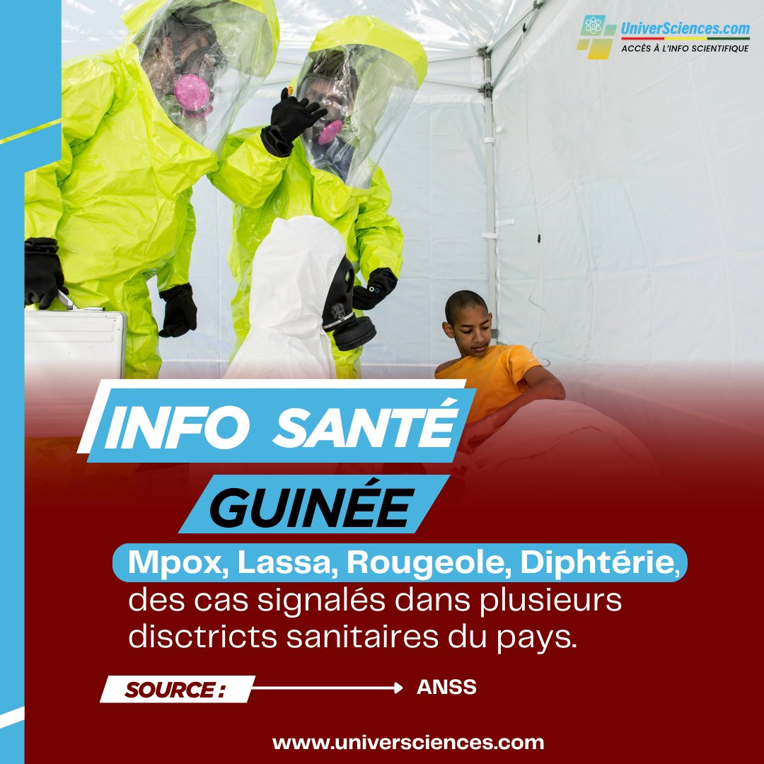 UniverSciences's tweet photo. Selon le dernier bulletin de l’#ANSS (semaine épidémiologique 08 – février 2026), plusieurs maladies sont surveillées en Guinée.

• Mpox : cas signalés dans 7 districts
• Rougeole : 1 district touché
• Diphtérie : 3 districts 
• Fièvre de Lassa : 1 district 

#InfoSanté https://t.co/jFBpepvt1s