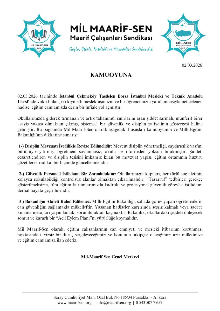 KAMUOYUNA

İstanbul Çekmeköy Borsa İstanbul Mesleki ve Teknik Anadolu Lisesinde vuku bulan, iki kıymetli meslektaşımızın ve bir öğrencimizin yaralandığı hadise hakkında…