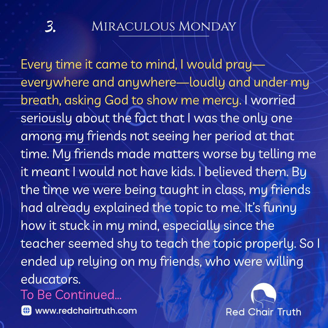 redchairtruth1's tweet image. Left behind in conversations she longed to understand, she began to believe something was wrong.
Words from friends planted fear about her future. So she prayed earnestly — everywhere, anywhere — asking God for mercy.

Don’t miss this Miraculous Monday.

#RedChairTruth