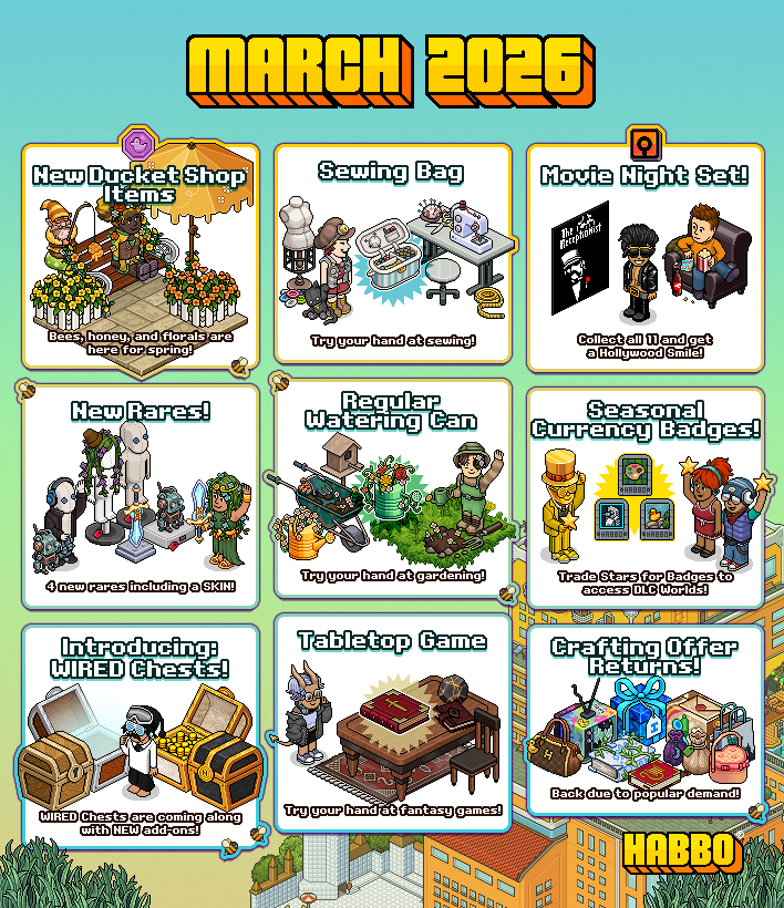🎲 Habbo Hobbies!

This month, we’re trying out some new hobbies, so get dirty, get crafty, and get imaginative 💭

Here’s your rundown of what’s to come this month ☀️