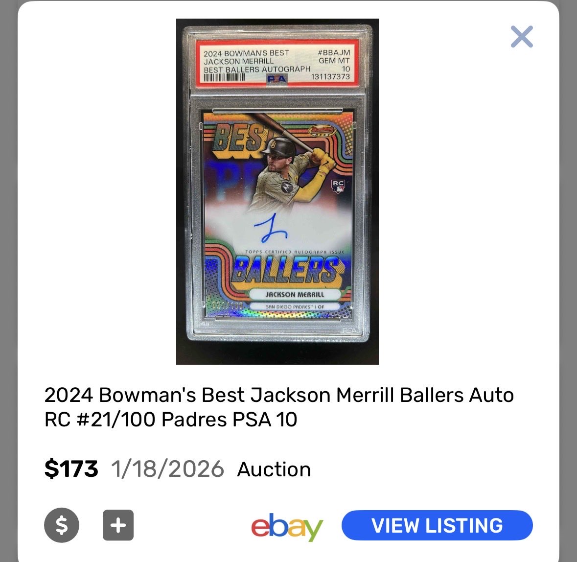 StevenWertheim's tweet photo. @collec_sport @THFpro_Cards Jacob Wilson /15 PSA 10 - $250 shipped. Recent raw sale at $125
Jackson Merrill /50 PSA 10 - $300 shipped. Recent sale /100 at $173 https://t.co/r8jVEJkm5U