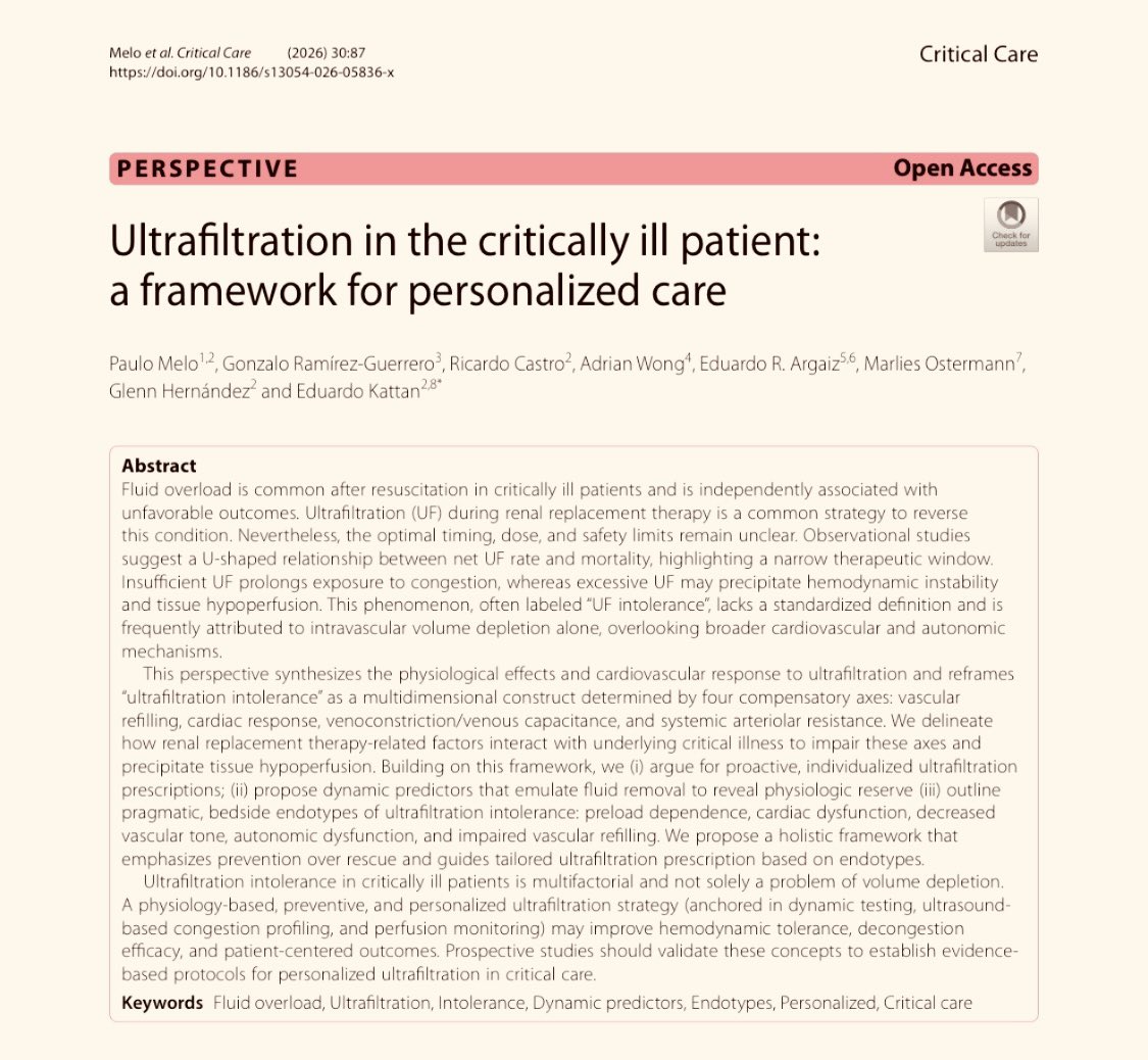 santiUCI's tweet photo. Así como la tolerancia o intolerancia al volumen, ahora se propone “tolerancia al ULTRAFILTRADO”, con varios endotipos (disautonomía, precarga dependiente, bajo tono vascular, falla cardiaca)…

https://t.co/8OYrtqKQn8 https://t.co/qgazg1uY29