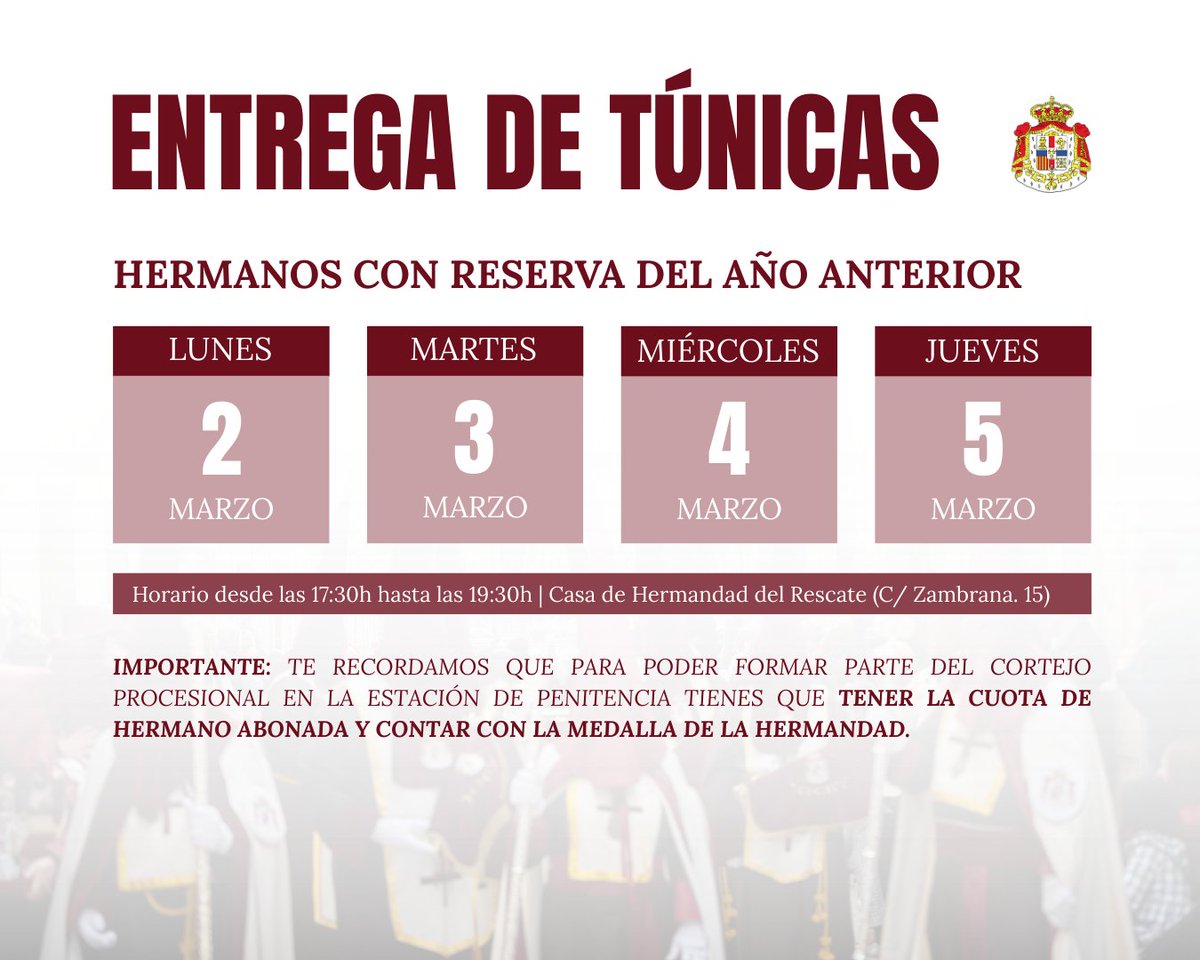 📣 | 𝐄𝐍𝐓𝐑𝐄𝐆𝐀 𝐃𝐄 𝐓𝐔́𝐍𝐈𝐂𝐀𝐒 𝐘 𝐏𝐀𝐏𝐄𝐋𝐄𝐓𝐀 𝐃𝐄 𝐒𝐈𝐓𝐈𝐎 |

Recordamos que esta semana comienza el reparto de túnicas de cara al próximo Jueves Santo.

#RescateLinares #RescateyDolores #RescateTrinitario #SomosRescate