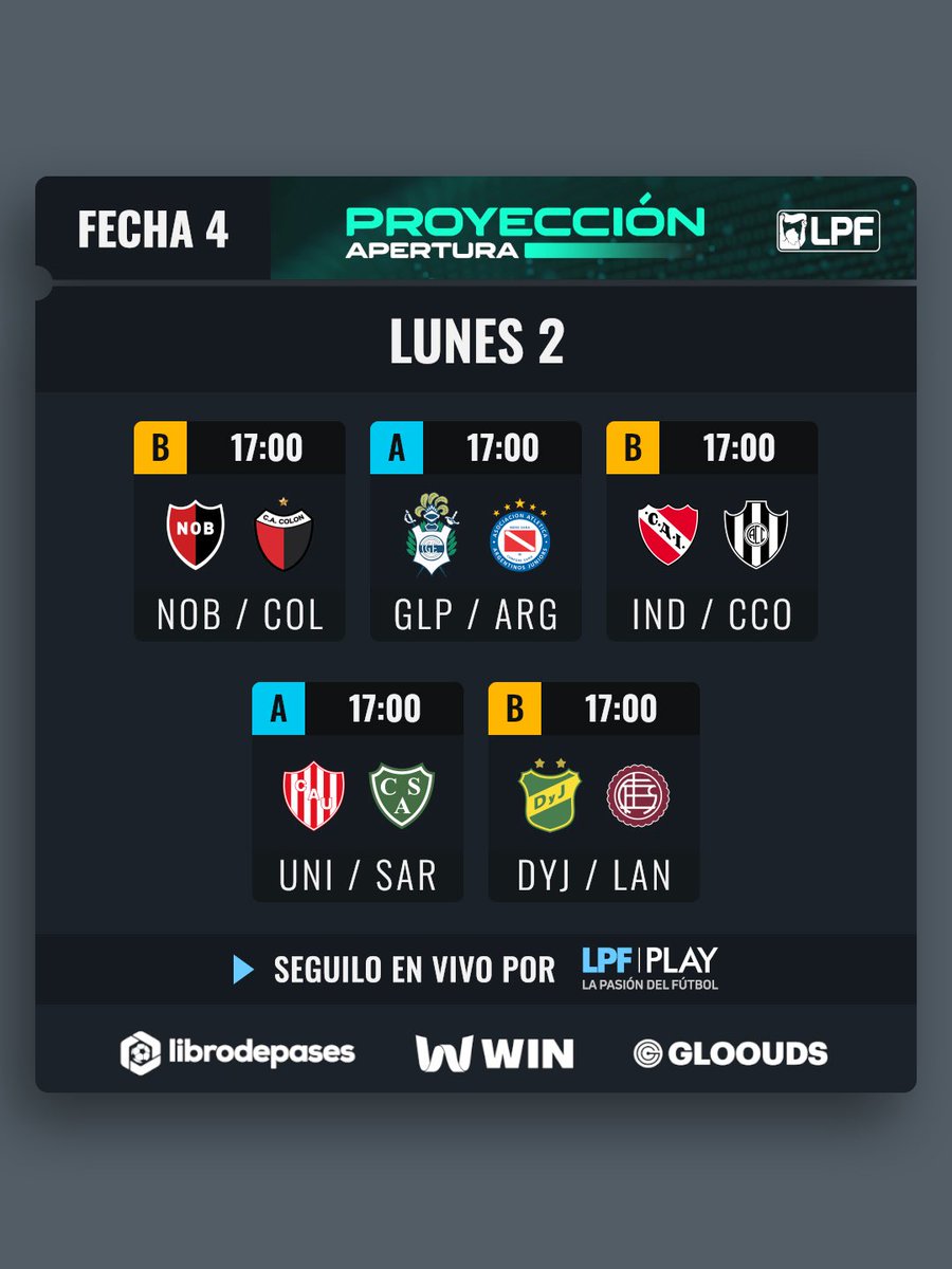 ProyeccionLPF's tweet image. #TorneoProyección Apertura |
¡Arranca la #Fecha4! 🔥 🏆

👉🏼 Mirá todos los encuentros GRATIS y en VIVO en @LPFPlay