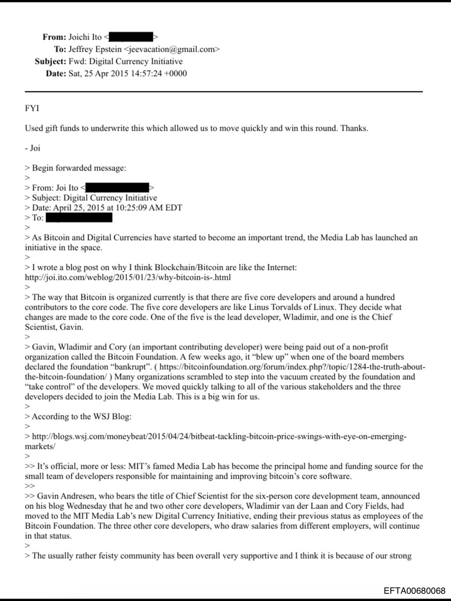 その後、アメリカでは話題になった2015年4月25日の伊藤穰一氏からエプスタイン氏への有名なメールがある。