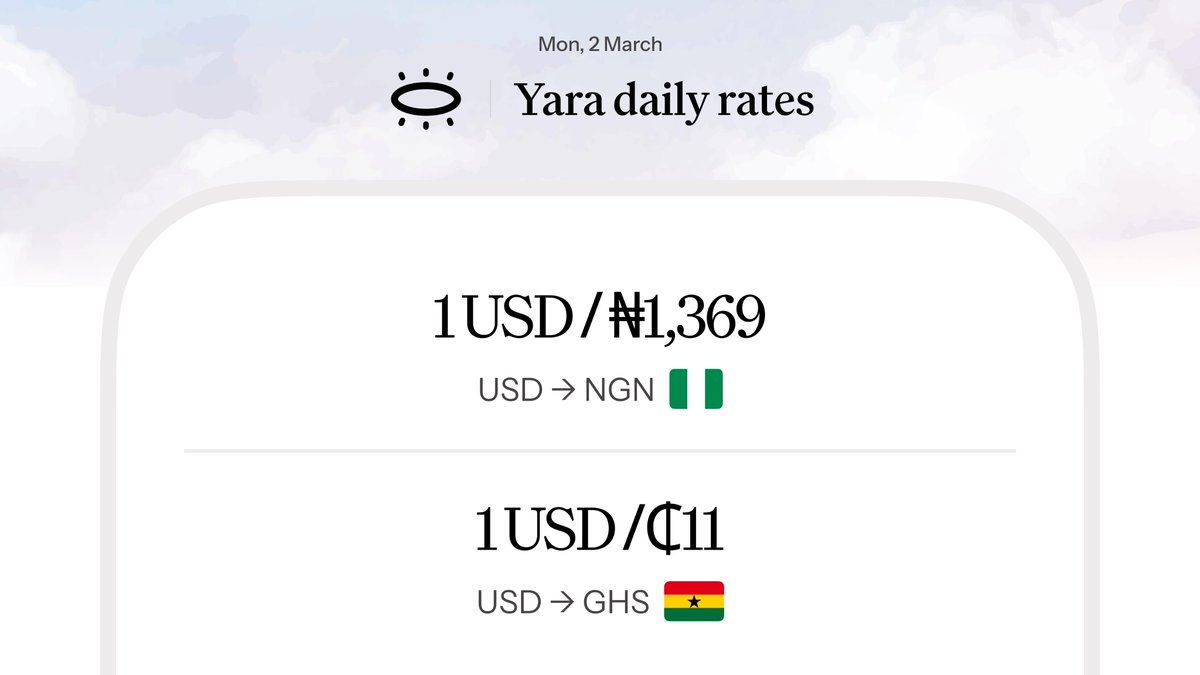 Happy New Month 🥳

March is for keeping more of what you earn. Make every dollar count with Yara. 🌍✨

If you’re earning in dollars and living in Nigeria or Ghana, this is your reminder: stop losing money to bad FX and slow payouts.

yara.cash