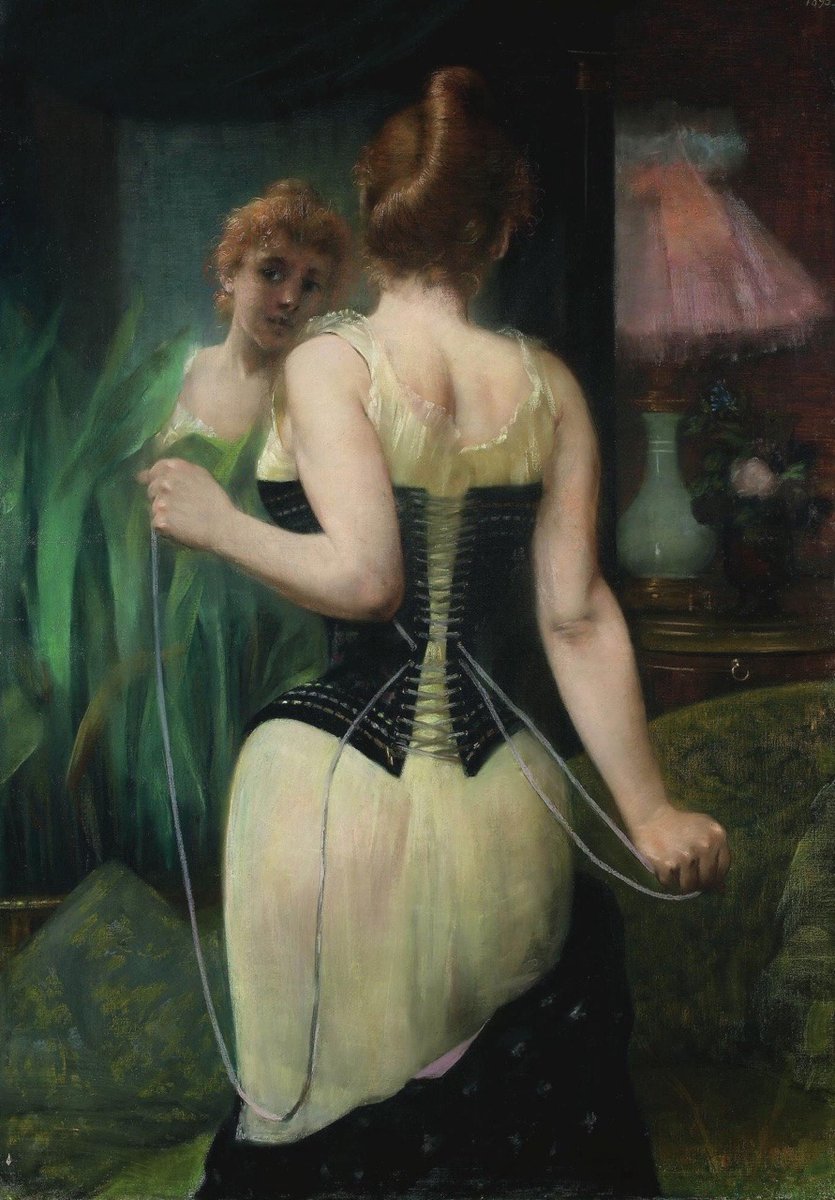 Jeune Femme ajustant son Corset, by French painter Pierre Carrier-Belleuse (1893). In private collection.