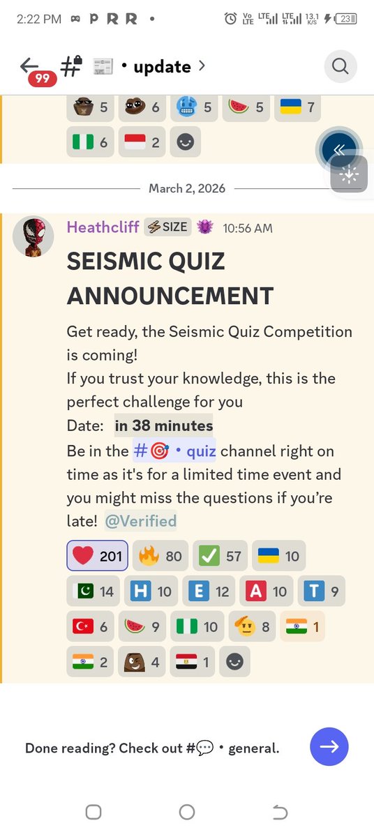 Come and test your knowledge about <a href="/SeismicSys/">Seismic</a> 
It's 38 minutes remaining 
Be there and please don't be late 
<a href="/heathcliff_eth/">Heathcliff</a> 
<a href="/xealistt/">Xealist</a> 
<a href="/xplanettt/">Xplanet</a> 
<a href="/NoxxW3/">Noxx</a> 
<a href="/lyronctk/">Lyron</a>