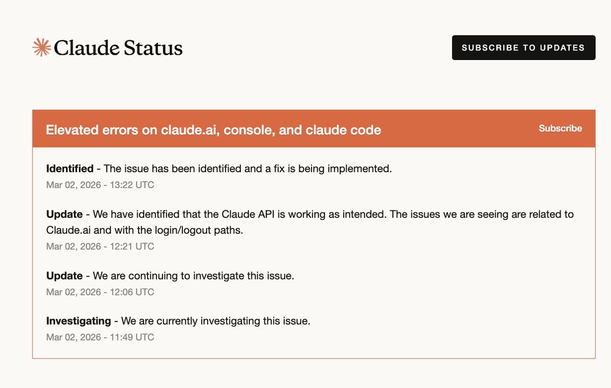 _jonasalexander's tweet photo. Fix is being implemented. Hopefully back online, sooon @claudeai 🙏 https://t.co/a5pEWSkV1s