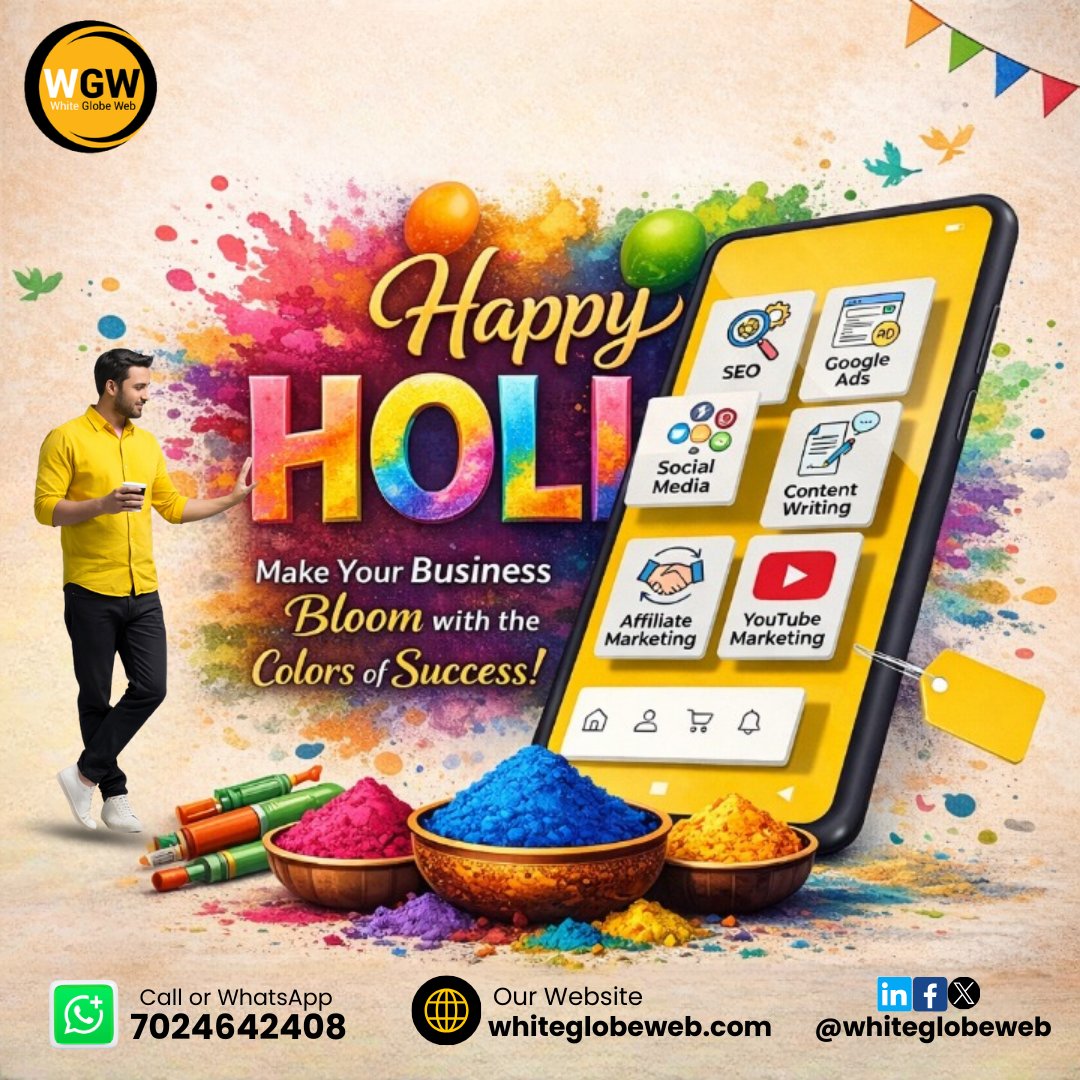whiteglobeweb's tweet photo. 🌈✨ Let Your Business Play with the Colors of Success! ✨🌈
This Holi, don’t just celebrate with colors — celebrate with growth, creativity, and powerful digital strategies! 🚀

🌐 https://t.co/TYTJkJf0pi

#होली2026 #HappyHoli #holi #holifestival #festival #india #holihai https://t.co/4jIfY4sDgu