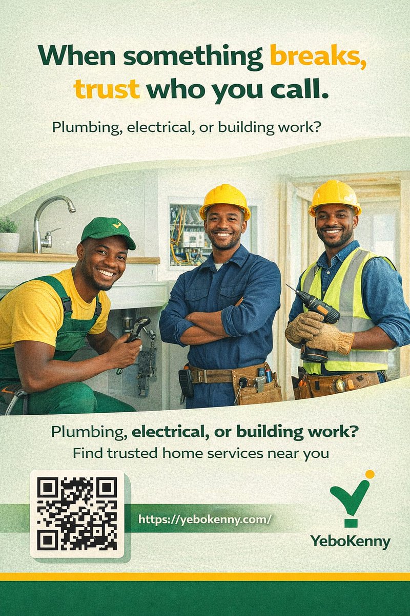 YeboKenny's tweet image. *Trust the Pros. Get Reliable Service*

When something breaks in your home or office, trust who you call. Yebokenny connects you with vetted, trusted service providers.

*Find trusted tradespeople today—join Yebokenny! yebokenny.com 

#Yebokenny #TrustedService #HomeFix