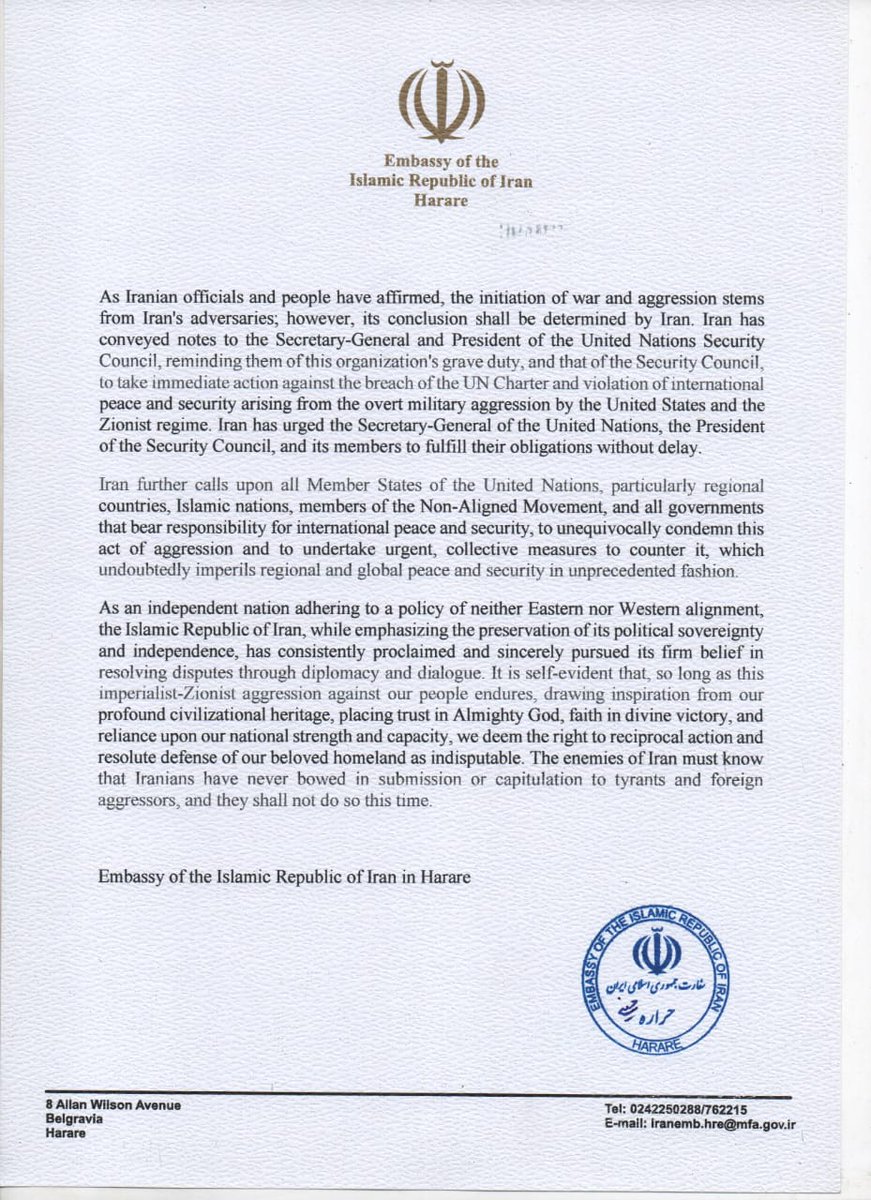 IRANinZIMBABWE's tweet photo. Press statement by the embassy of the Islamic Republic of Iran in Harare on the recent aggression by the United States and zionist regime against the Islamic Repbulic of Iran https://t.co/dbCayntpMl
